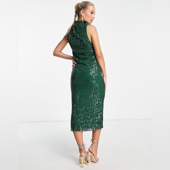ASOS DESIGN high neck embellished midi dress in plisse sequin forest green sz 6 - Picture 2 of 10